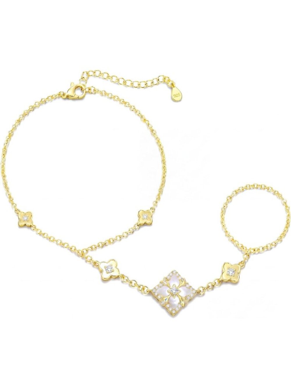 Sterling Silver & 14k Gold Plated Hand Chain Bracelet Set with Cubic Zirconia